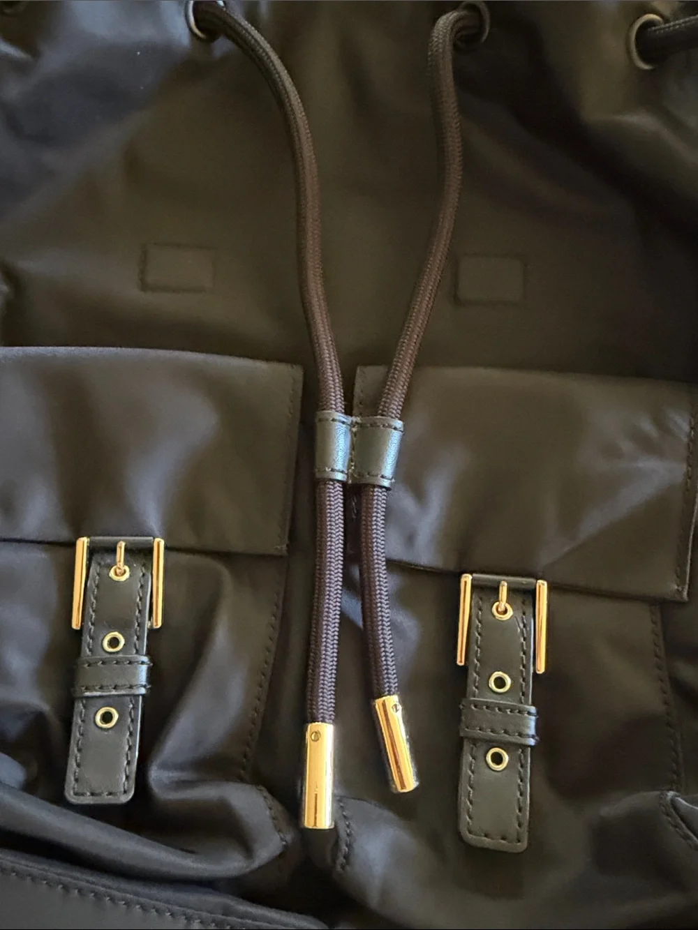 Tory Burch Black Nylon Drawstring Backpack with Front Buckle Pockets